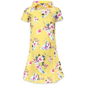 Robe pour enfants Six Bunnies avec imprimé floral hawaïen jaune, inspirée du style rétro rockabilly.