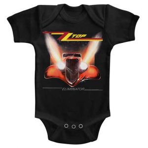 Grenouillère Body ZZ Top "Eliminator" pour bébé avec hot rod rouge, logo du groupe et design inspiré de l'album mythique.
