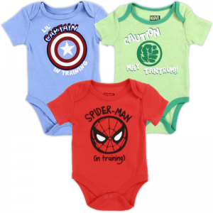 Lot de 3 bodies Marvel Heroes pour bébé avec Captain America, Hulk et Spider-Man.