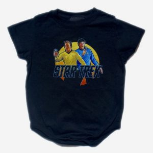 Body bébé Star Trek noir avec sérigraphie rétro de Spock et Kirk tenant leurs phasers.
