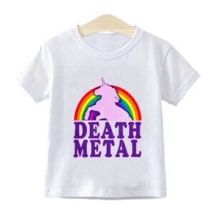 Tee-shirt Death Metal Rainbow pour enfant avec motif licorne et arc-en-ciel.