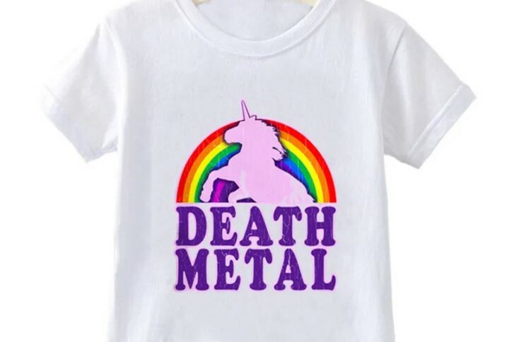 Tee-shirt Death Metal Rainbow pour enfant avec motif licorne et arc-en-ciel.