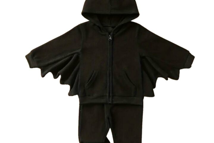 Survêtement 2 pièces chauve-souris noir pour enfant, haut à capuche et pantalon, style gothique et Halloween.