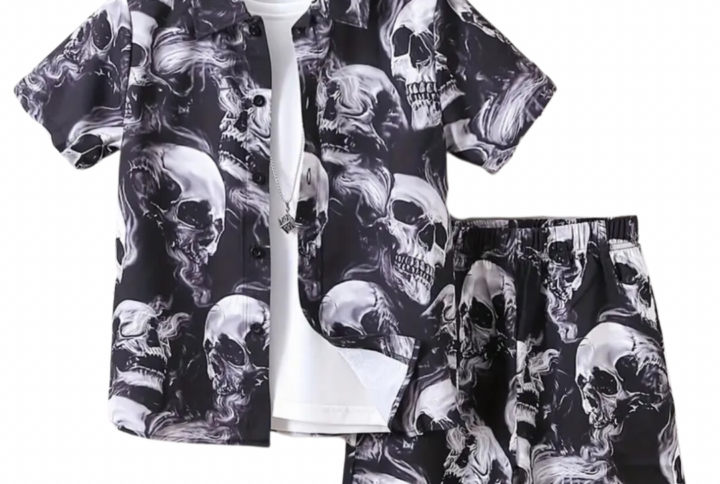 Vue de face de la chemise à motifs têtes de mort de l’ensemble Skulls pour enfants.