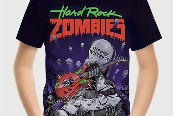 T-shirt Hard Rock Zombie pour enfants avec motif de guitare et zombie.