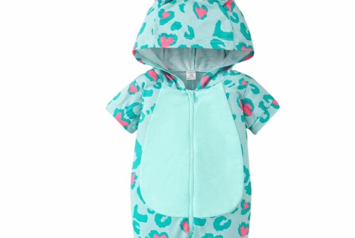 Combinaison bébé Baby Monster avec capuche, manches courtes et motif animal kawaii, en coton doux.
