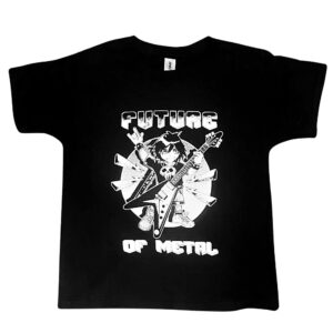 T-shirt enfant rock métal noir ,design “Future of Metal” avec guitare électrique et personnage cartoon.