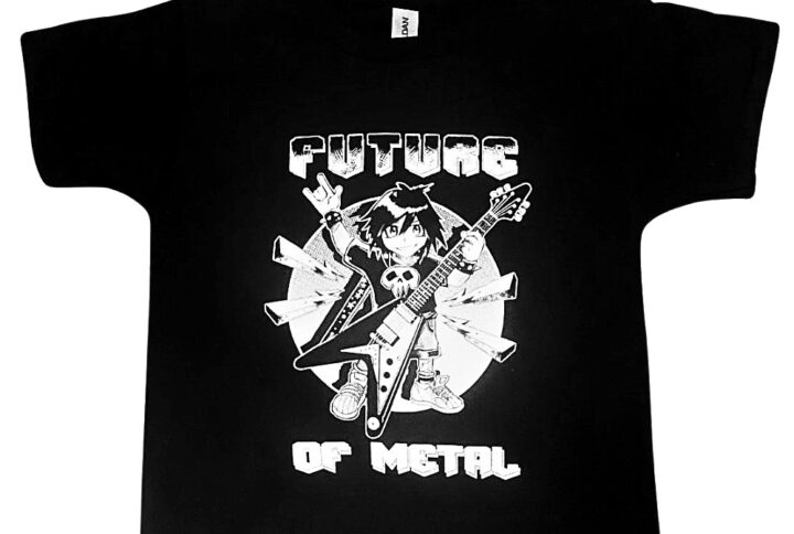 T-shirt enfant rock métal noir ,design “Future of Metal” avec guitare électrique et personnage cartoon.
