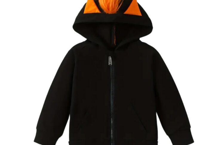 Sweat Baby Dragon noir avec ailes, queue et crête orange fluo pour bébé.
