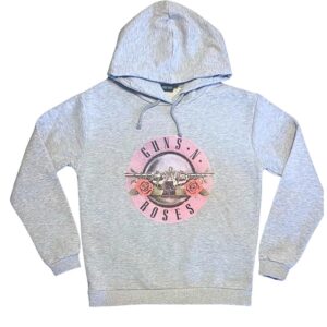 Sweat femme Guns N’ Roses gris avec logo rose girly sur le devant.