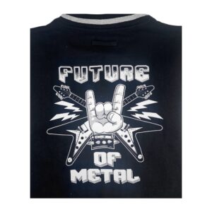Design dans le dos : main faisant le horns-up avec guitares croisées et inscription "Future of Metal".
