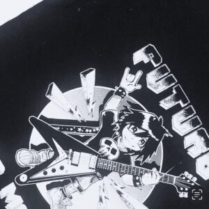 Personnage animé au style emo avec guitare Flying V et main faisant le horns-up.