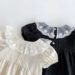 Zoom sur col volanté noir, style victorien, avec détails en dentelle.