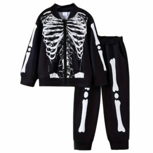 ensemble enfant non genré avec veste squelette zippée et pantalon noir, présenté à plat