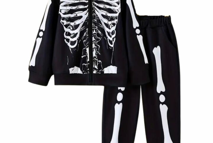 ensemble enfant non genré avec veste squelette zippée et pantalon noir, présenté à plat