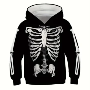 hoodie enfant noir avec motif squelette 3D imprimé, vu de face à plat