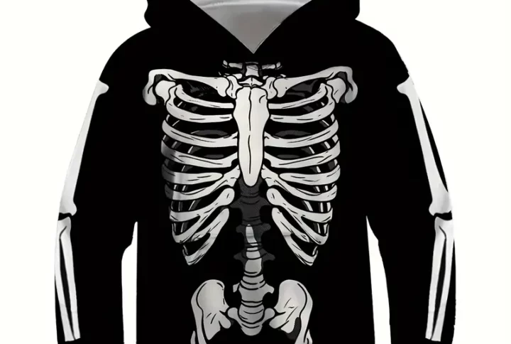 hoodie enfant noir avec motif squelette 3D imprimé, vu de face à plat