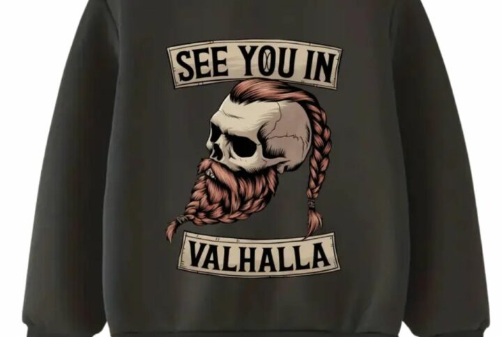 Sweat enfant noir Valhalla Crew vu de face avec motif tête de viking