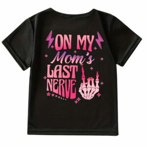 Dos du t-shirt enfant noir avec grand imprimé rose fluo et motif squelette
