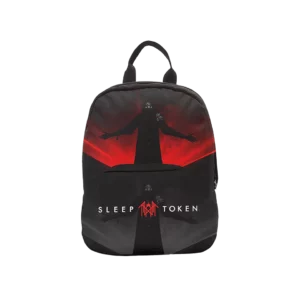 Mini-sac à dos Red Light noir et rouge vu de face, style sombre inspiré Sleep Token, poche zippée et bretelles réglables