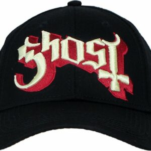 Gros plan du logo Ghost brodé en 3D sur coton noir